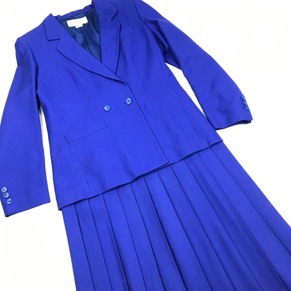 VTG Saks Fifth Ave Blue Wool Skirt Suit Pleated  Classic Jewel Blue - Picture 1 of 8
